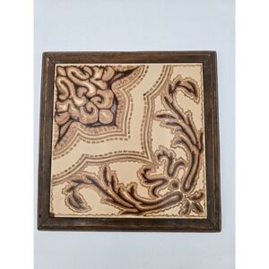 Vintage Framed Ceramic Tile Made in Italy Brown Floral Scroll 9.25in